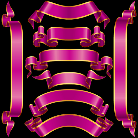 Vector set of Purple Vintage Banner Ribbon. Violet Shiny Scroll Frame Template isolated of black backgroundのイラスト素材