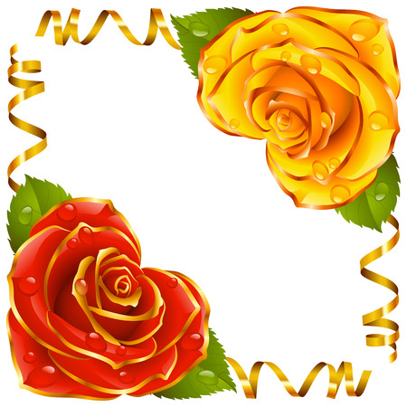 Corner vignette from the Rose Heart and Swirl Ribbons. Red and Yellow Flowers with Gold Trim and Golden Streamers. Valentines Day, Wedding celebration or Romantic Lovely Design isolated  . Vector Illustration.のイラスト素材