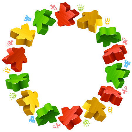 Circle frame of multicolored meeples for board games. Red, yellow and green game pieces.のイラスト素材