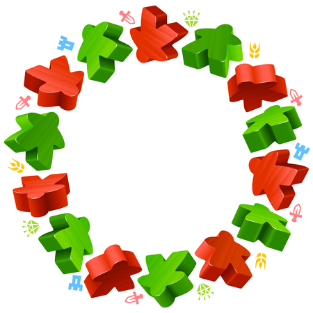 Circle frame of meeples for board games. Red and green game pieces, and resources counter icons isolated on white background. Vector border for design boardgames advertisement or template of geek t-shirt printのイラスト素材
