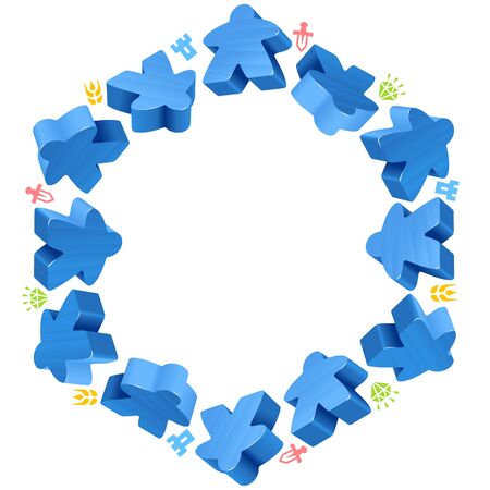 Hex frame of blue meeples for board games. Game pieces and resources counter icons isolated on white background. Vector border for design boardgames advertisement or template of geek t-shirt printのイラスト素材