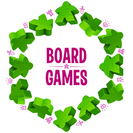 Hex frame of green meeples for board games. Game pieces and resources counter icons isolated on white background. Vector border for design boardgames advertisement or template of geek t-shirt printのイラスト素材