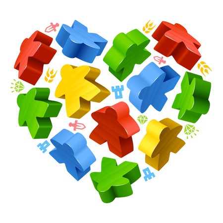Vector multicoloured game pieces in the shape of heart. Red, blue, green and yellow wooden meeples, and resources counter icons isolated on white background. Concept of love by board gamesのイラスト素材