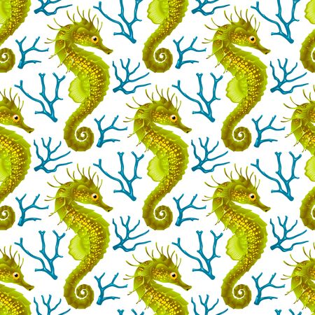 Vector Seamless Pattern whith Seahorse. Green Thorny Hippocampus and Blue Coral Isolated on White Background.のイラスト素材