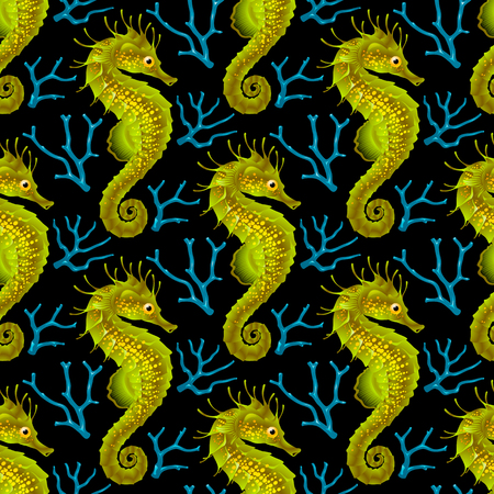 Vector Seamless Pattern with Seahorse. Green Thorny Hippo-campus and Blue Coral Isolated on Black Background.のイラスト素材
