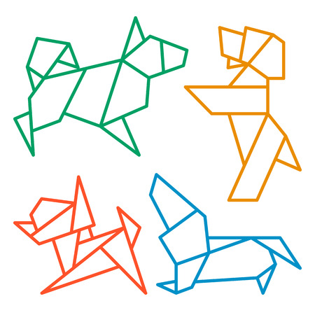 Vector Origami Dogs Icon Set. Abstract Low Poly Pet Dog Breed Sign Silhouette Isolated on White. Freehand Drawn Paper Folding Art Emblem. Template Geometric icon Design. Chinese New Year Symbolのイラスト素材