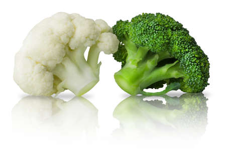 Fresh wholesome broccoli and cauliflower isolated on white background. Ingredients vegetables for cooking.の写真素材