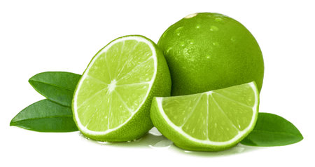 Ripe juicy green lime isolated on white background. Ripe fruit ingredients for cooking.の写真素材