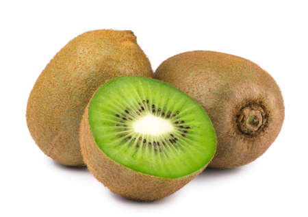Ripe sweet kiwi and kiwi slice isolated on white background. Fresh fruits.の写真素材