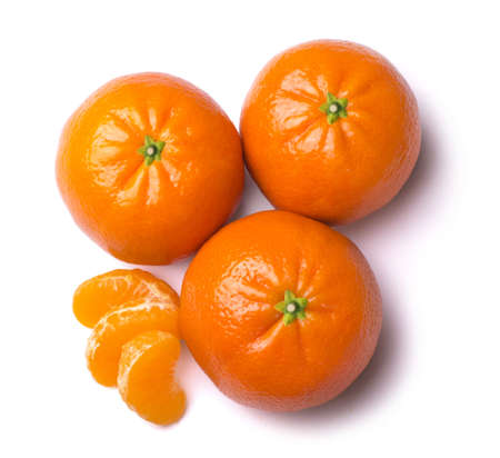 Ripe sweet tangerines isolated on white background. View from above.の写真素材