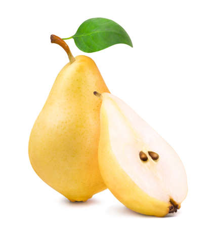 Ripe yellow pear and half pear slice isolated on white background. Fresh fruits.の写真素材