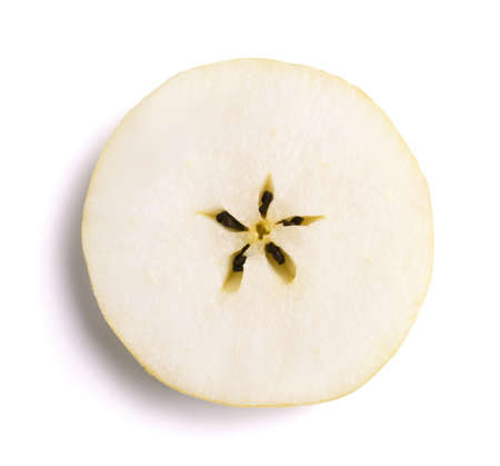 Juicy round pear slice isolated on white background. Fresh fruits.の写真素材