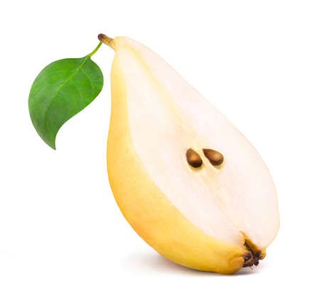 Ripe yellow slice half pear isolated on white background. Fresh fruits.の写真素材