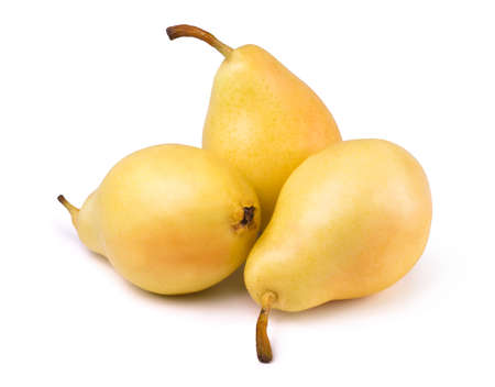Ripe juicy yellow three pears isolated on white background. Fresh fruits.の写真素材