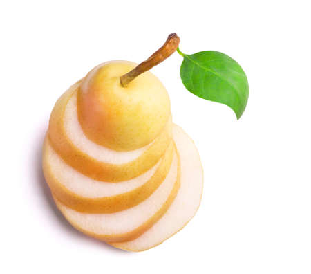 Sweet juicy pear sliced into round slices isolated on a white background.の写真素材