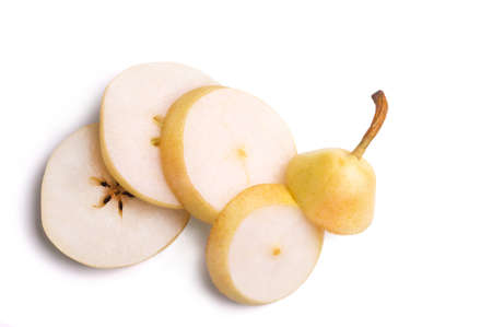 Sweet juicy pear slices isolated on white background. View from above.の写真素材