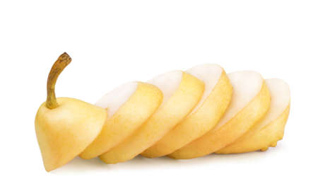Sweet juicy round pear slices isolated on white background.の写真素材