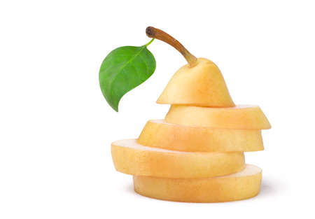 Ripe pear cut into slices isolated on white background. Fresh fruits.の写真素材