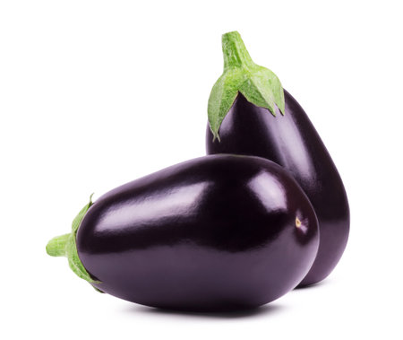 Two ripe eggplant isolated on white. Fresh vegetables.の写真素材