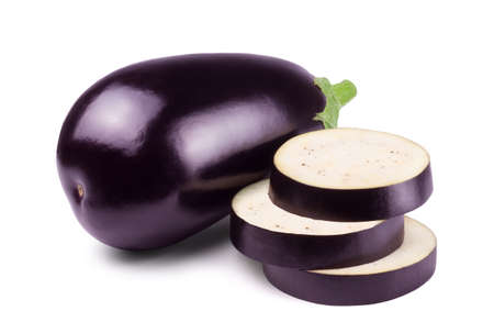 Ripe delicious eggplant and slices of eggplant isolated on white. Fresh vegetables.の写真素材