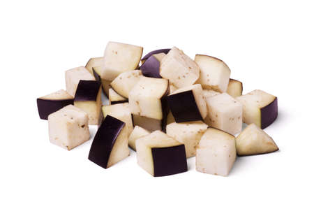 Sliced pieces of eggplant isolated on white. Cooking Ingredients.の写真素材