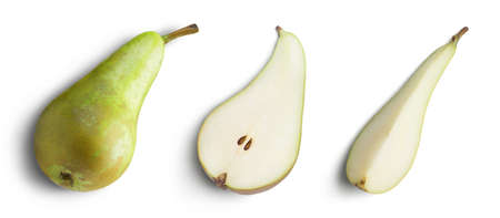 Isolated pearl set. Conference pear and slices isolated on white background.