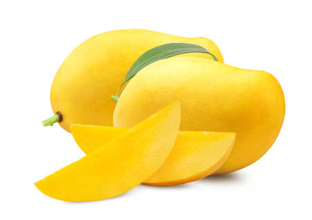 Yellow mango and juicy mango slice isolated. fresh fruit.の写真素材