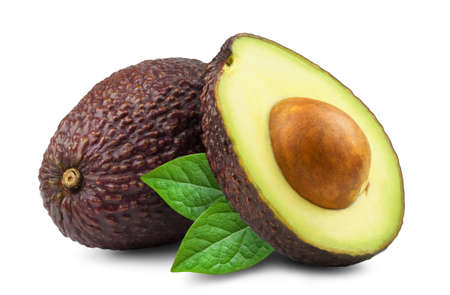 Avocado isolated. Avocado and half of the fruit with leaves on a white background.の写真素材