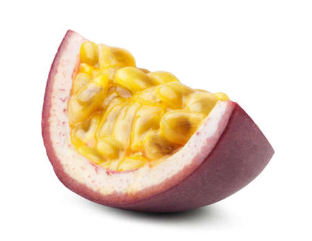 One slice of passion fruit isolated on white background. fresh fruit.