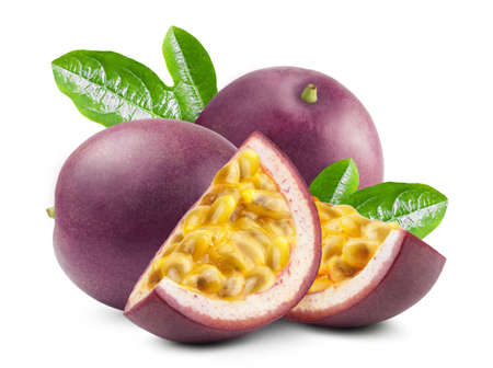 Passion fruit isolated. Ripe juicy passion fruit and passion fruit slices on a white background.