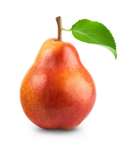 Pearl isolated. Ripe red pear with leaf isolated on white background. fresh fruit.の写真素材
