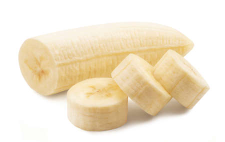 Banana insulated. Ripe peeled banana and banana slices on white background.の写真素材