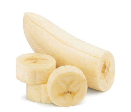 Banana insulated. Ripe peeled banana and banana slices on white background.の写真素材