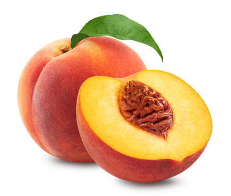 Peaches isolated. Ripe peach and half of a peach on a white background. fresh fruit.の写真素材