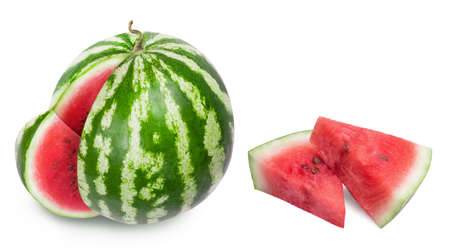 Watermelon isolated. Ripe watermelon and watermelon slices on a white background. fresh fruits.の写真素材
