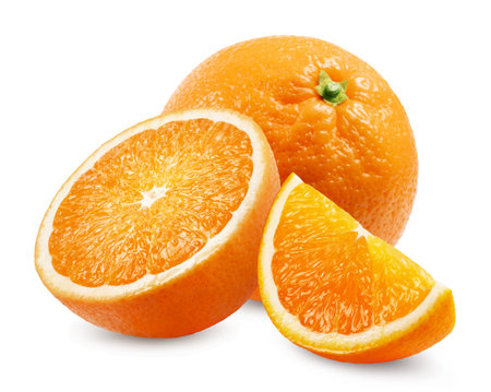 Orange isolated. Ripe sweet orange and orange slices on a white background. fresh fruit.の写真素材