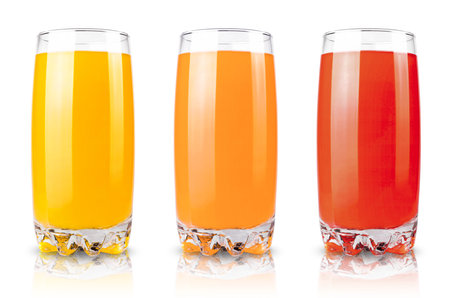 Drink isolated. Glass of freshly squeezed juice, orange, peach, pomegranate, watermelon, pineapple, banana juice on a white background. fresh drinks.の写真素材