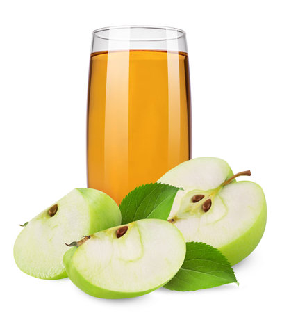 Juice drink isolated. Apple juice in a transparent glass and apple fruit on a white background.の写真素材