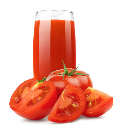 Juice drink isolated. Tomato juice and sliced tomatoes on a white background.の写真素材