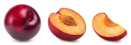 Plum isolated. Ripe red plum, plum half and slice isolated on white background. fresh fruit.の写真素材