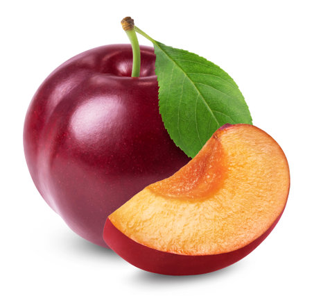 Plum isolated. Ripe red plum and plum slice isolated on white background. fresh fruit.の写真素材