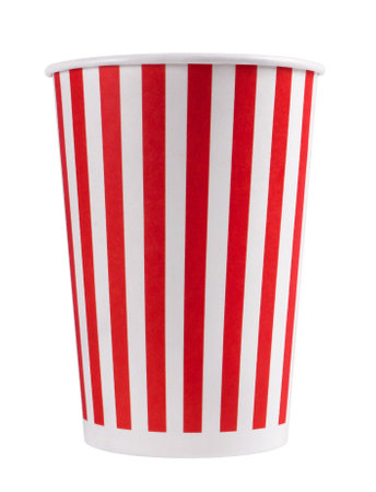 Striped empty popcorn bucket isolated on white background.の写真素材