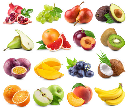 Collection of various fruits. Apple, pear, pomegranate, mango, avocado, orange, grapefruit, kiwi, peach, grapes, passion fruit, bananas, coconut isolated on white background.の写真素材