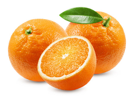 Orange isolated. Ripe oranges and half an orange on a white background.の写真素材