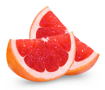 Two slices of ripe juicy grapefruit isolated on white background.の写真素材