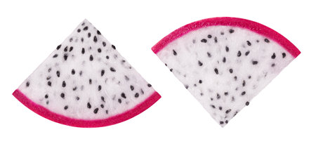 Pitahaya isolated. Ripe dragon fruit or pitaya cut into slices isolated on white background.の写真素材