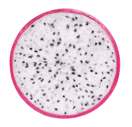 Pitahaya isolated. Ripe dragon fruit or pitaya, round fruit slice isolated on white background.の写真素材