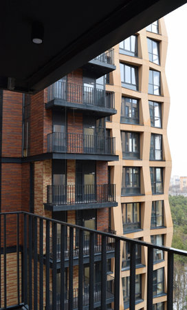 Modern apartment building, detail of a modern apartment building, residential architectureの写真素材