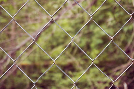 Fence of the metal mesh closeup. Behind the fence is dry grass. Abstract background.