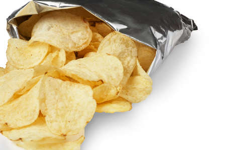 Potato chips isolated on white background close-up. Food background.